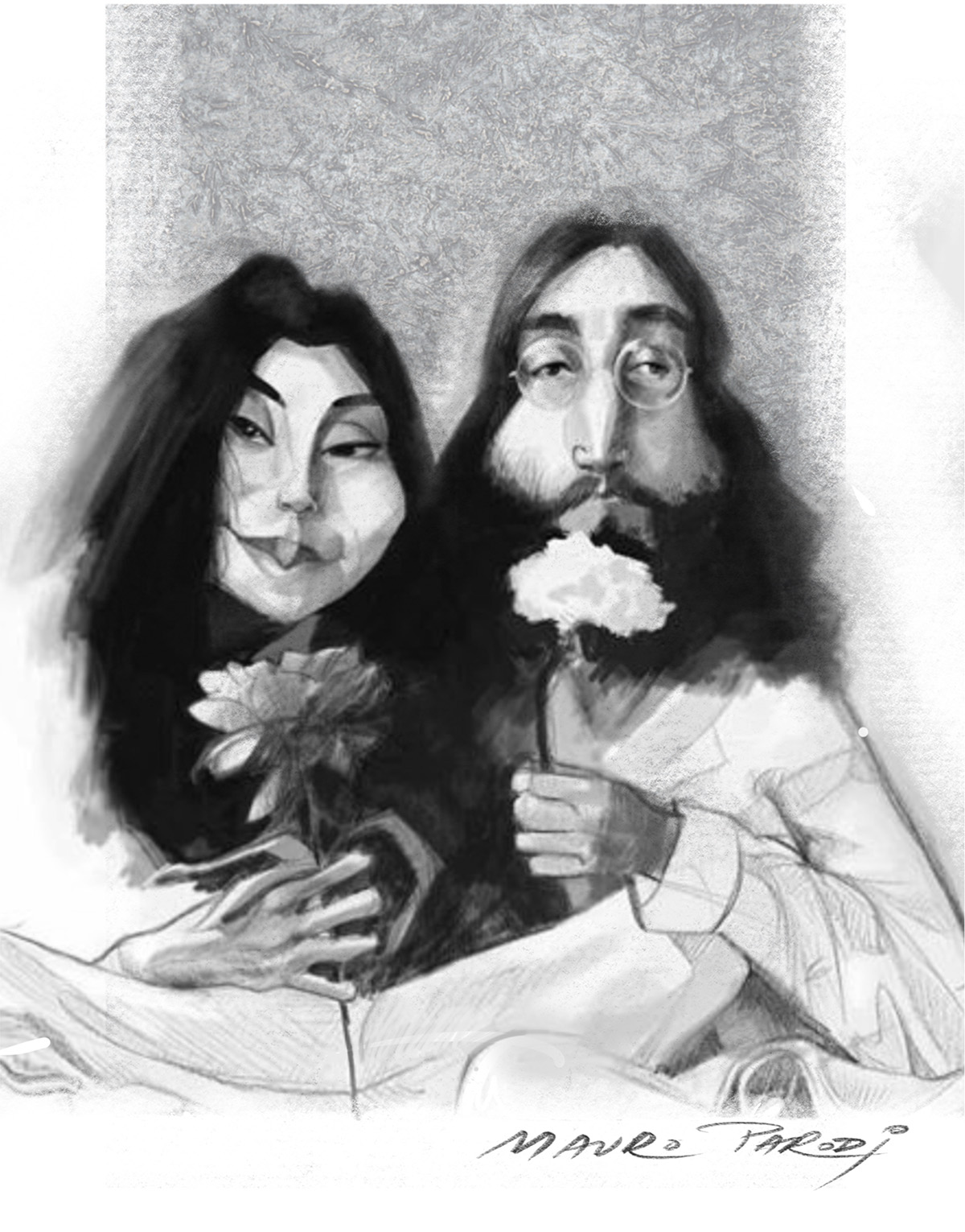 John Lennon y Yoko Ono caricatura
